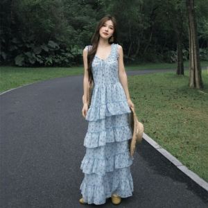 CHANGTONG | Beach Holiday Style V-Neck Polka Dot Layered Dress