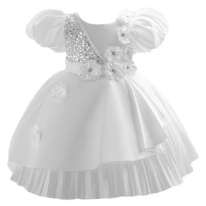 Kids Girls Princess Dress Puff Sleeve Flower Pearl Sequin Outfit Fashion Pageant Gown