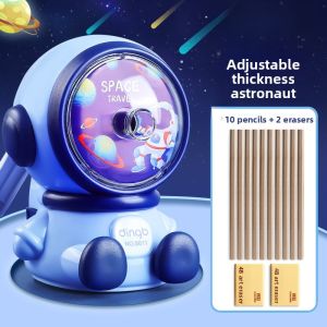 Portable Hand-Cranked Pencil Sharpener for Kindergarten Girls Astronaut Cartoon Design Automatic Lead Feeding Stainless Steel Blade