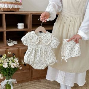 2026 Summer 3M-2Y Baby Floral bodysuit with Hat Newborn Short Sleeve Ruffle Collar Infant Romper Sweet Style jumpsuit