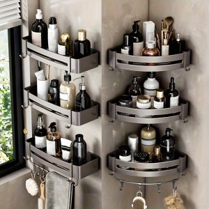 1pc Non-Drill Aluminum Bathroom Storage Rack - Wall-Mounted Corner Shelf for Shampoo Makeup and Accessories