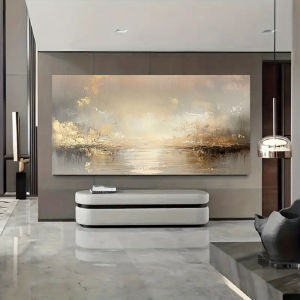 Large Abstract Beige and Golden Textured Oil Painting – Frameless Wall Art for Living Room Bedroom Home Office Wall Decor
