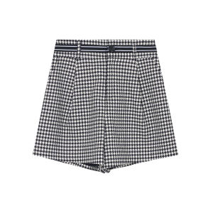 กางเกงขาสั้นลายสก็อตสีดำขาวเอวสูงสไตล์ย้อนยุคสำหรับผู้หญิง กางเกงขายาวทรงตรงทรงเข้ารูปฤดูใบไม้ร่วง 2024 กางเกงขายาวผู้หญิง