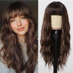 Alan Eaton ผมปลอมหยักศกทรงหลวมวิกผมผู้หญิงวิกผมน้ำตาลผมลอนยาวไล่เฉดสีผมหน้าม้าดูเป็นธรรมชาติอุณหภูมิสูง