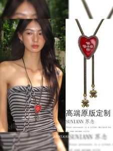 Retro Red Heart Necklace Accessory for Women High-End Feelings Sweater Chain Fashion Jewelry Alloy Material Hip Hop Style