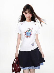 ARCG | White Apple Embroidery Straight Shoulder Slim Fit Short Sleeve T-shirt