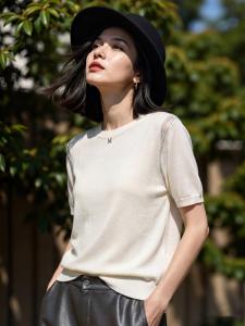Basic House | White Tencel Lightweight Round Neck Cutout Short Sleeve Knit Top For Summer