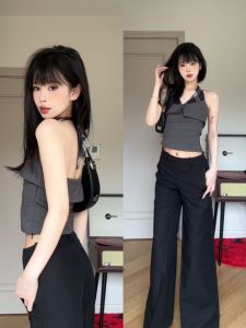 Grey Irregular Plaid Necktie Vest Womens Summer Design Sensibility Niche High-End Feeling Asymmetric Top Trendy