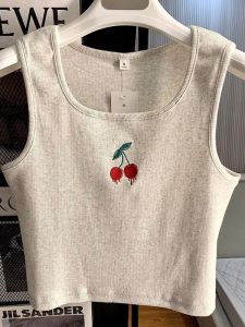Sweet Embroidered Cherry Strapless Loose Fitting Sleeveless Womens Base Layer Top Summer Casual Polyester Fiber H-Shape Vest