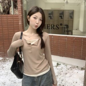 Plus Size Fake Two Pieces Stitching Floral Long Sleeves T-Shirt Female Spring Inner Bottoming Shirt Chubby Girl Niche Style Design Blouse