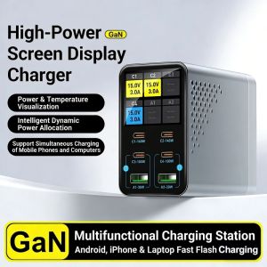 6-in-1 140W GaN Charging Smart Multi-Port Desktop Charger PD+QC Multiport with Intelligent Digital Display for Phones&Tablets