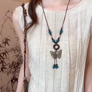 Ethnic style ceramic wood bead round butterfly pendant necklace temperament high-end fashion long necklace