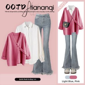 TIANANQI | Fashion Elegant Slim Pink Sweater Shirt Flared Pants 3-piece Set