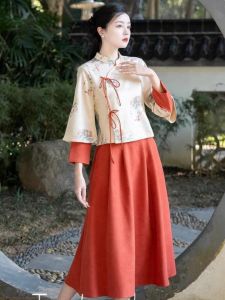 Modern Interpretation of Traditional Hanfu Womens Dress Tea Ceremony Work Uniform Two-Piece Set Autumn Winter Modified Cheongsam Top