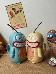Creative Funny Mouth Monster Ceramic Coffee Mug with Lid Pair