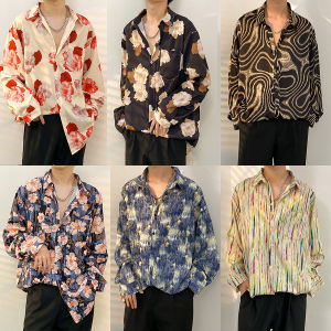 Retro Long Sleeve Almond Flower Mens Shirt Thin Draped Chiffon Lazy Hong Kong Style Loose Fit Lightweight Casual Shirt