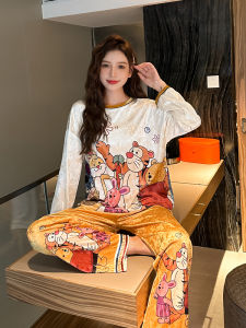 ชุดนอนผ้ากำมะหยี่คอตตอนลายการ์ตูนน่ารักแขนยาวสำหรับผู้หญิง เสื้อผ้าใส่ในบ้าน ทรงหลวม ทรงหลวม ทรงหลวม