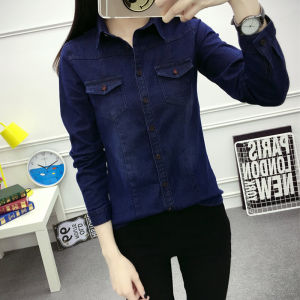 Slim Fit Long Sleeve Denim Shirt Womens Base Layer Polo Collar Multi-Pocket Korean Style Cotton Spring Autumn New Arrival