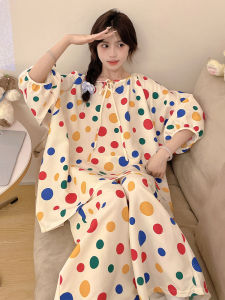 Đồ Ngủ Lụa Cotton in Chấm Bi Màu Sắc Cho Nữ Mùa Xuân Thu Rộng Rãi Tay Lửng Quần Dài Quần Áo Mặc Nhà