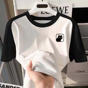 Fashion Cotton Color-Matching Print Short Sleeve T-Shirt Mens American Style Trend Brand Couple Loose T-shirt Top Raglan Contrast Color