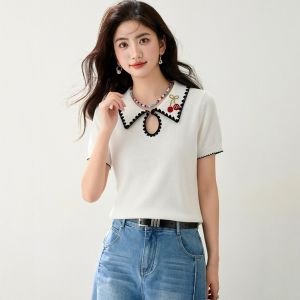 puella | Summer Korean Style Vintage Cherry Embroidery Peter Pan Collar Short Sleeve Knit Top