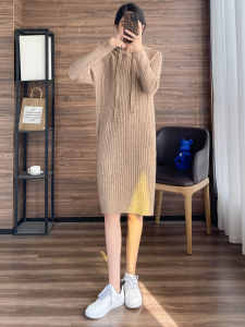 Autumn and Winter New Small Look Tall 150 Petite Womens Clothing 155 Long Sleeve Knitted Hooded Sweater Midi Dress