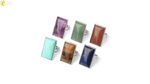 CSJA Rectangle Natural Stones Finger Rings Silver Color Adjustable Ring Healing Amethysts Rock Crystal Pink Quartz Jewelry G456