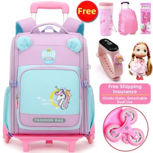 KABUYOUSI | Waterproof Six-Wheel Climbing Rolling Backpack For Elementary School Girls