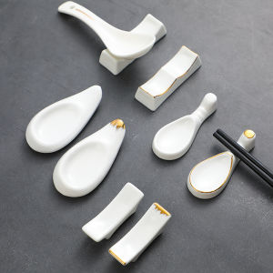 Pure White Ceramic Chopsticks Stand Hotel Restaurant Dual Use Gold Edge Chopsticks Holder Display Tray Traditional Chinese Style