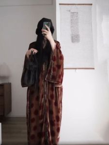 Red Polka Dot Velvet Long Sleeve Dress Womens Layered Loose Long Cardigan over Skirt Vintage Style Commute High Waist A-Line Skirt