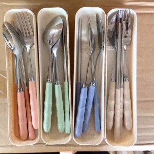 Bộ thìa dĩa lúa mạch inox chống gỉ cán gỗ cao cấp tặng kèm hộp đựng