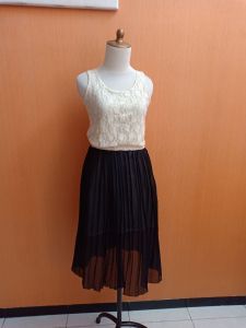 midi dress wanita cream hitam M L cewek sifon lace MEWAH cute pinggang karet