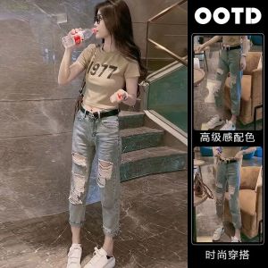 สไตล์เรโทร ล้างสีน้ําเงิน เดนิม กางเกงยีนส์ ผู้หญิง สูง เอว ท่อตรงบาง กางเกง ยาว กางเกงขายาว ฤดูร้อน รูแฟชั่น ดีไซน์