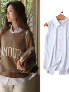 Áo Sơ Mi Nữ Cổ Polo Màu Trắng Dài Vừa Phải Không Tay Áo Vest Lót Cotton Nguyên Chất Thời Trang Công Sở Mùa Xuân 2024