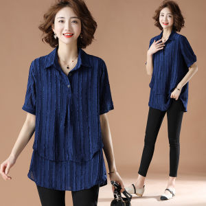 Summer Fashion Striped Loose Short Sleeve Polo Collar Womens Shirt Korean Style Big Size Casual Top Quality Polyester Fabric