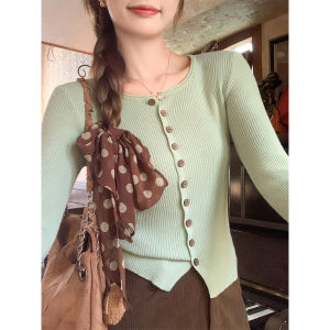 Korean Style Mint Green Short Length Long Sleeve Fitted Knitwear
