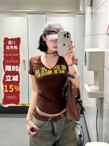 Slim Fit Short Sleeve T-Shirt Womens Summer V-Neck Printed Casual Style Breathable Sweat Absorbent Fashionable Top