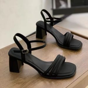 Elegant Soft Leather Sandals with Buckle Strap Square Head Thick Heel Heightening French Style Summer Fashion Footwear
