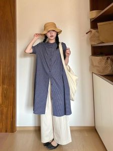 plus Size Womens Summer Shirt And Pants Set Long Wide Leg Straight Cut Short Sleeve round Neck Japanese Retro Plaid Design