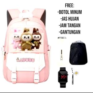 Tas Sekolah Ransel Anak Perempuan Remaja SD SMP Karakter Viral LABUBU monster 5in1 free gift botol minum kaca jam tangan raincover gantungan tas bunga tas ransel
