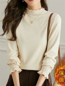 สองด้าน ผ้าขนแกะ หนาขึ้น ครึ่งสูง ปกเสื้อ เสื้อยืด ผู้หญิง ลำลอง เสื้อฐาน ฤดูใบไม้ร่วง ฤดูหนาว แฟชั่น เสื้อท่อนบน อินเทรนด์ สันทนาการ