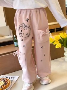 【Sweet Kids Deliver from Perak】seluar kanak-kanak perempuan seluar kasual kanak-kanak lebar kaki comel kucing cetak kain lembut dan selesa langsing baik mutu kerja gaya korea