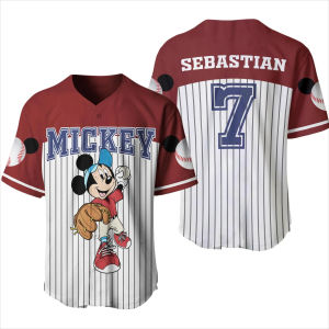 MINISO Disney White Red Baseball Men Women Jersey Donald Mickey Minnie Goofy Baseball Shirt 3D T-shirt Casual Sports Jersey