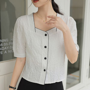 Summer New Short Sleeve Chiffon Shirt Women Cotton Linen Blend Square Collar Lace Trim Design Short Length Top Korean Style