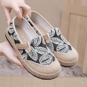 IELGY 2025New Slip-on Fisherman Shoes Womens Vintage Style Linen Round Toe Casual Cotton Linen Shoes Mules