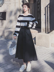 Black Striped Long Sleeve Dress Womens Loose Casual Spring New Style Patchwork Sweatshirt Long Skirt Korean Style High Waist A-Line Dress