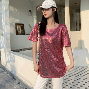 Internet Celebrity Shiny Sequin Short Sleeve T-Shirt Womens Summer New Arrival K-style Loose Easiest for Match Mid Length Long Length Elegant Tops Ins