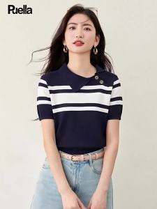 puella | Áo Ngắn Tay Len Sọc Nút Đính Phong Cách Retro