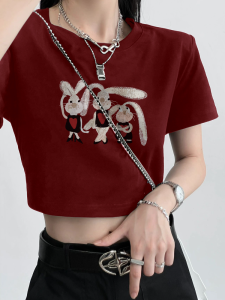 Burgundy Short Sleeved T-Shirt Womens Summer Hong Kong Flavor Chic Slim Looking Tea Chic Sweet and Spicy Style French Style Cropped Small Top