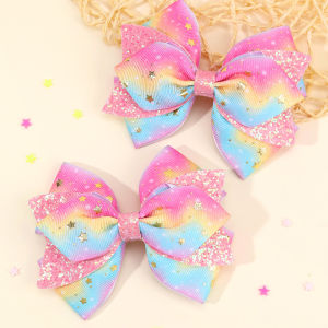 2Pcs Rainbow Star Hair Clips Sweet Glitter Sequin Hairpins New Ribbon Barrette For Girls Children Headwear Hair Accessories Gift